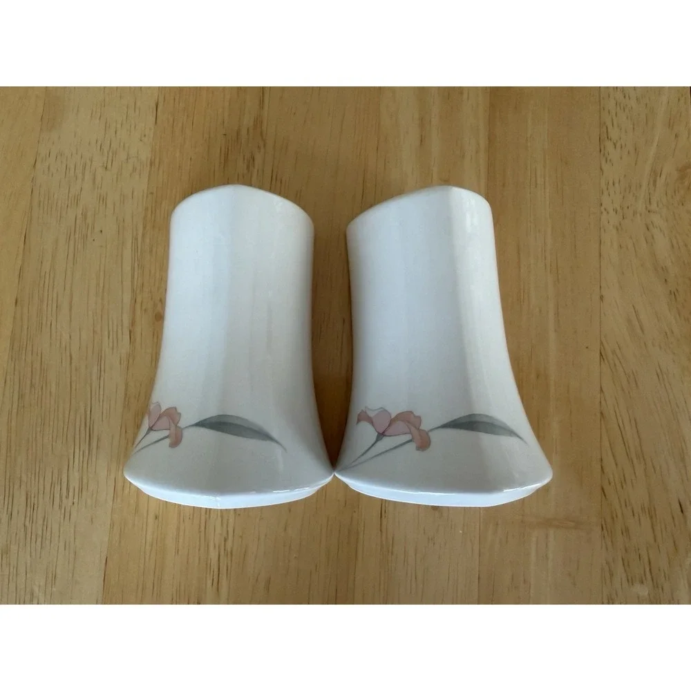 Nikko Company Japan Ceramic Salt and Pepper Shakers White Floral Pink Iris Set